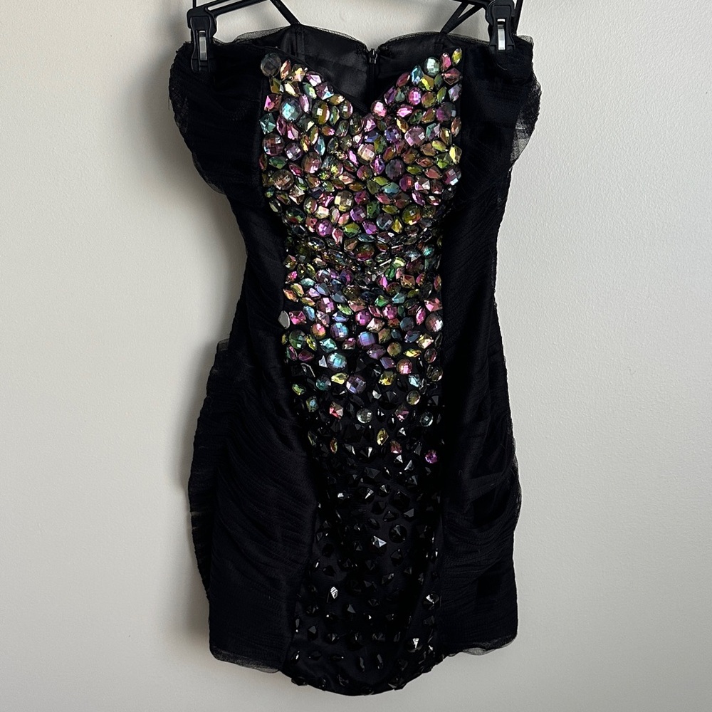 Alyce Paris Black Strapless Mini Prom Dress with Iridescent Sequins